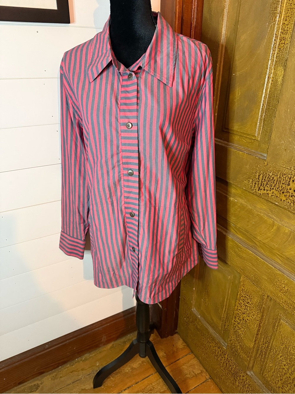 CAbi Pink and Gray Vertical Stripe Button-Down Shirt